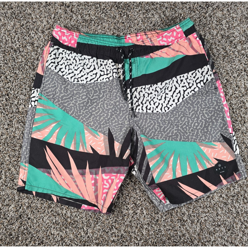 Neff Mens Sz L Elastic Waist Swim Trunks Shorts Bold 1990s Print